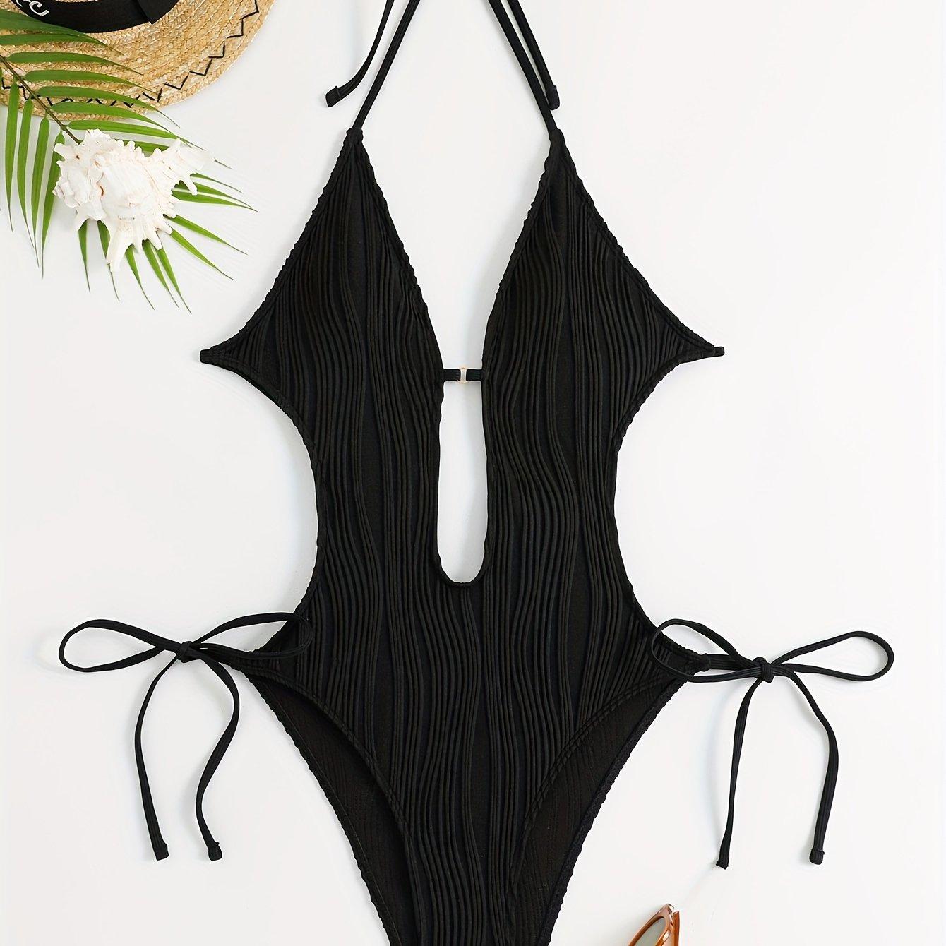 TEMU Chic Backless Halter One-piece Swimsuit For Women - Sexy, High Stretch, Solid Color With Tie Detail, Machine Washable