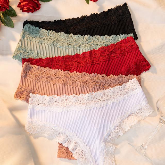 TEMU 5 db Női Kontrasztos Csipkés Bordázott Bugyi, Romantikus Egyszínű Alsónemű, Kényelmes Fehérnemű