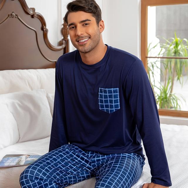 TEMU Men's Navy Blue Long Sleeve Pajama Set With Pockets, Round Neck Pullover Sleepwear, Casual Polyester