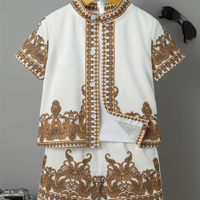 TEMU Boys' Summer Casual Outdoor Open Front Short Sleeve Printed Pattern Regular And Shorts Two-piece Set, Perfect For Outdoor, Gift For Eld, Gift For Ramadan