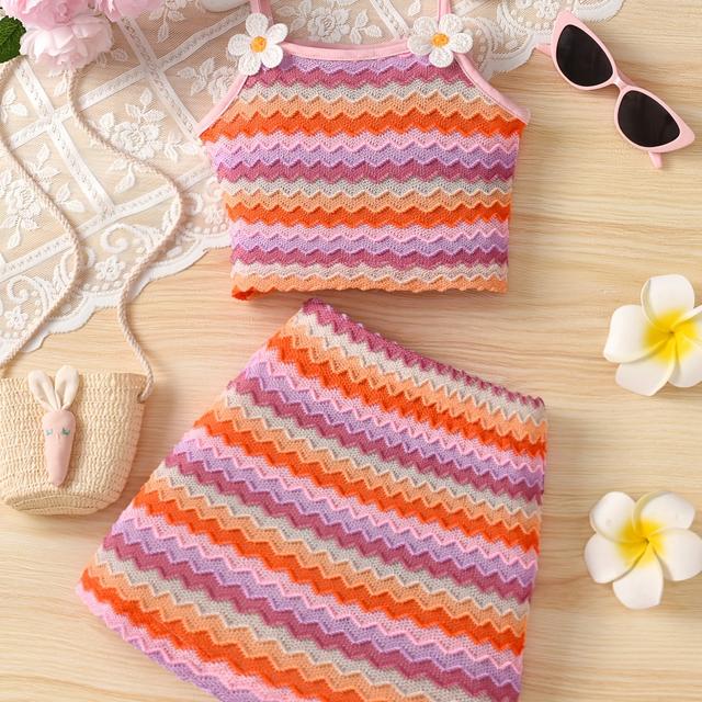 TEMU Ensemble 2 pièces pour Filles : Haut manches en jacquard et jupe courte à bretelles avec décoration florale, robe courte pour enfants