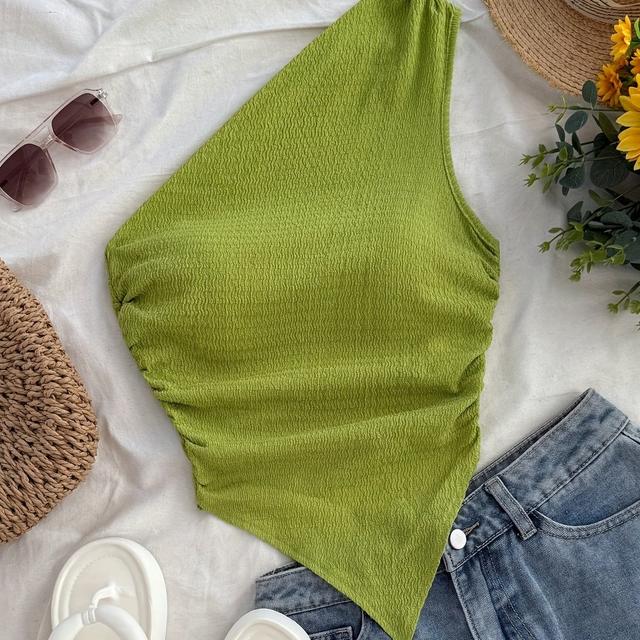 TEMU Women's Summer Asymmetrical Neckline Top - Pink Print, V-neck, Short Sleeve, Relaxed Fit For Parties, Dates, Valentine's Day, Afternoon Tea