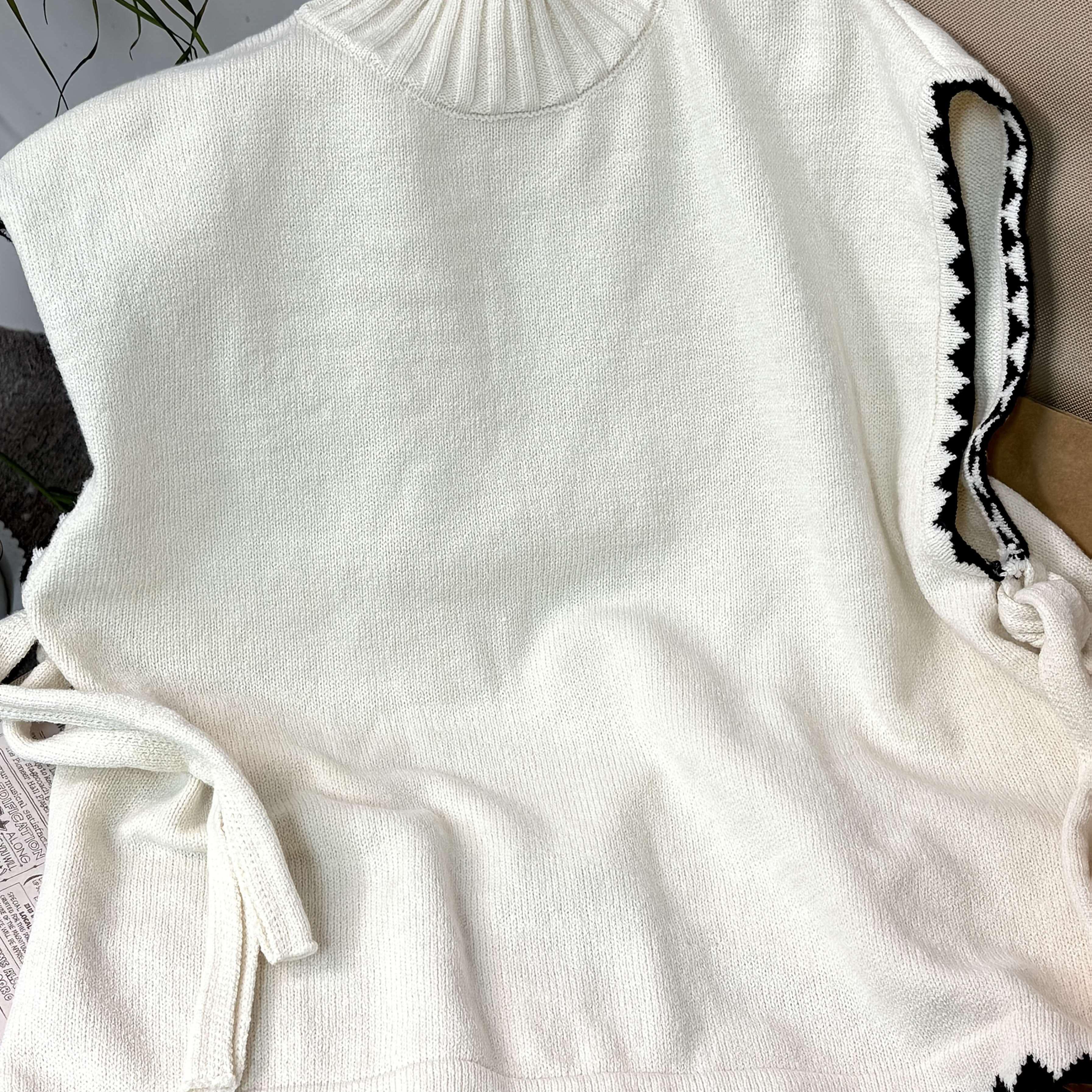 TEMU Elegant Women's Autumn Casual Color- Side-slit Tie Sweater Vest, Women' Color Stand Collar Side-slit Hem Casual Vest, Loose Casual Side-tie Sweater Vest, Autumn And Winter Style, Color-