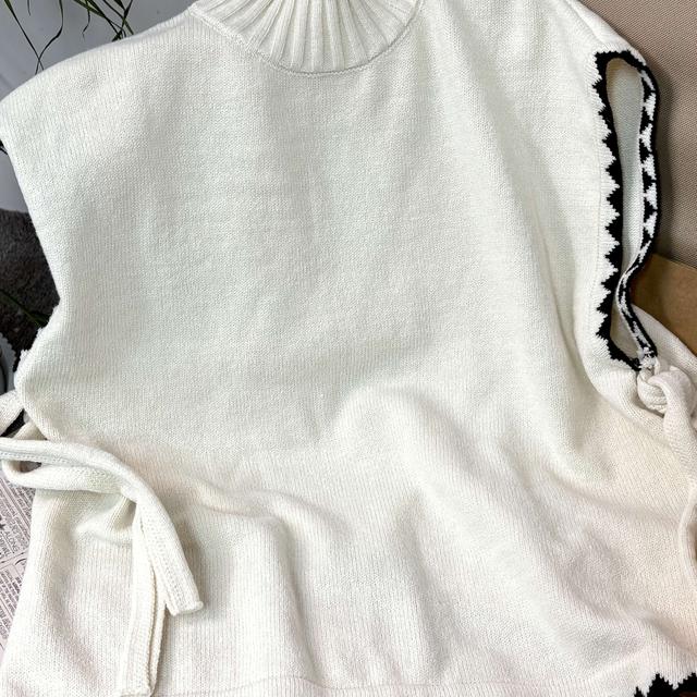 TEMU Elegant Women's Autumn Casual Color- Side-slit Tie Sweater Vest, Women' Color Stand Collar Side-slit Hem Casual Vest, Loose Casual Side-tie Sweater Vest, Autumn And Winter Style, Color-
