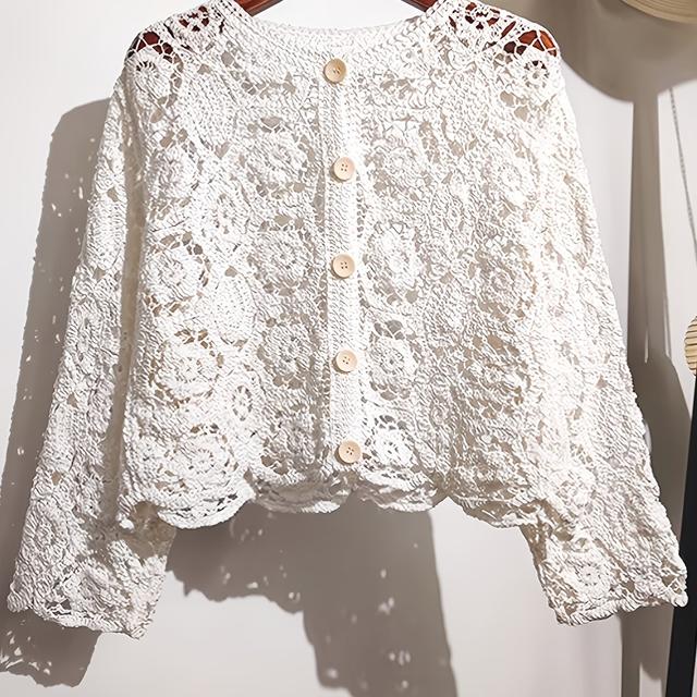 TEMU Ted Cardigan For Spring, Summer & Fall - Elegant Casual Vacation 's Wear With Embroidered Cut-out Design (), Perfect Wearable Art Piece, For Teenager