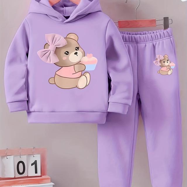 TEMU 2pcs Set For Girls: Bestselling Casual And Cute Bowknot Bear And Cake Print Hooded Long-sleeve Sweatshirt With Casual Sport Pants, Autumn/winter Set, Black Friday, Perfect For Outdoor