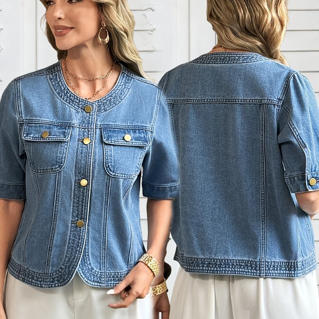 TEMU Women's Washed Denim Jeans, Blue Casual Top With Pockets, Short Sleeve, Slim Fit, Comfortable And Elegant Women's Clothing, Machine Washable, Suitable For Travel, Shopping, Wear