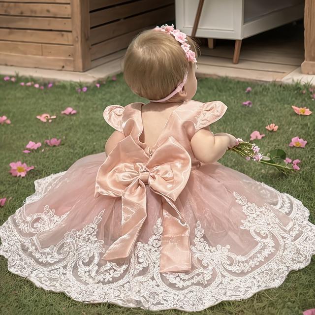 TEMU Baby Wedding Dress - Lace Formal Gown With Accent & Round Neck For Flower, Bridesmaid, Baptism, Pageant - Solid Color Non- Dress For - Wear () - Care Hand Wash/dry)