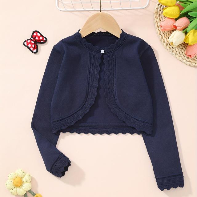 TEMU Jnblda Girls' Elegant Long Sleeve Knit Cardigan - Crew Neck, Button-up Short Jacket With Flared Hem, Dark Blue, Spring/summer/fall, Casual Wear | Elegant Knitwear | Knitted