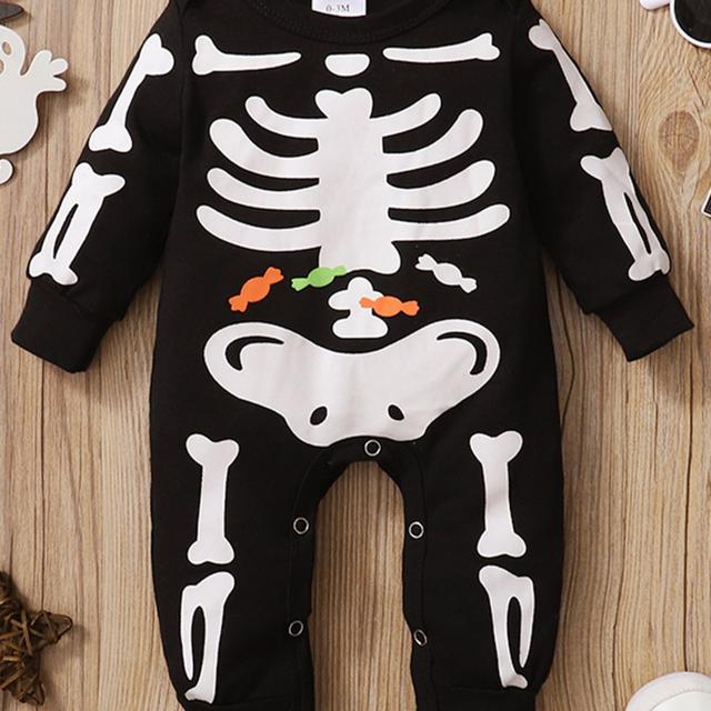 TEMU Newborn Halloween Jumpsuit, Toddler Skeleton Candy Print Long Sleeve Round Neck Romper, For Outdoor