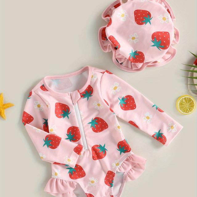 TEMU Toddler Girl Rash Guard Swimsuit, Long Sleeve Strawberry Print Bathing Suit + Sun Hat