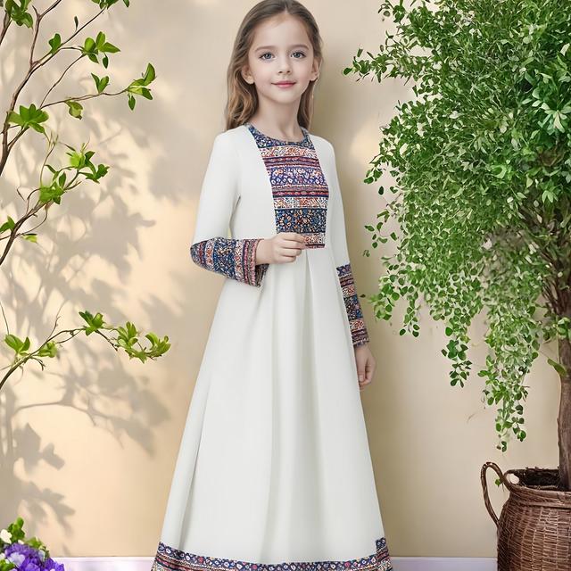 TEMU Elegant Style Abaya For Girls, 1-piece Ethnic Long-sleeve Maxi Dress, Middle Eastern Dubai Arab Robe With Traditional Patterns, Suitable For , Gatherings, And Ramadan Gifts