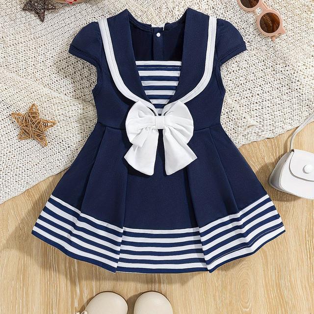 TEMU Baby Girl's Summer Knit Dress - Navy Striped With White Bow Tie, Short Sleeve Hem, Lightweight Breathable Fabric For Casual Play & Family , Toddler Dress, Comfortable Toddler Wear