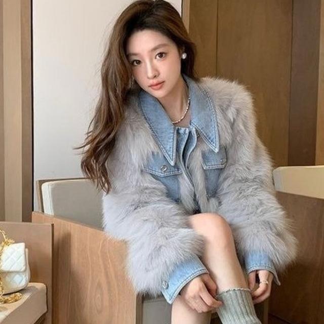 TEMU 2025年冬新作デニムパッチワークショートジャケット レディースフェイクファーパッド入りハイウエスト厚手プチファッションコート