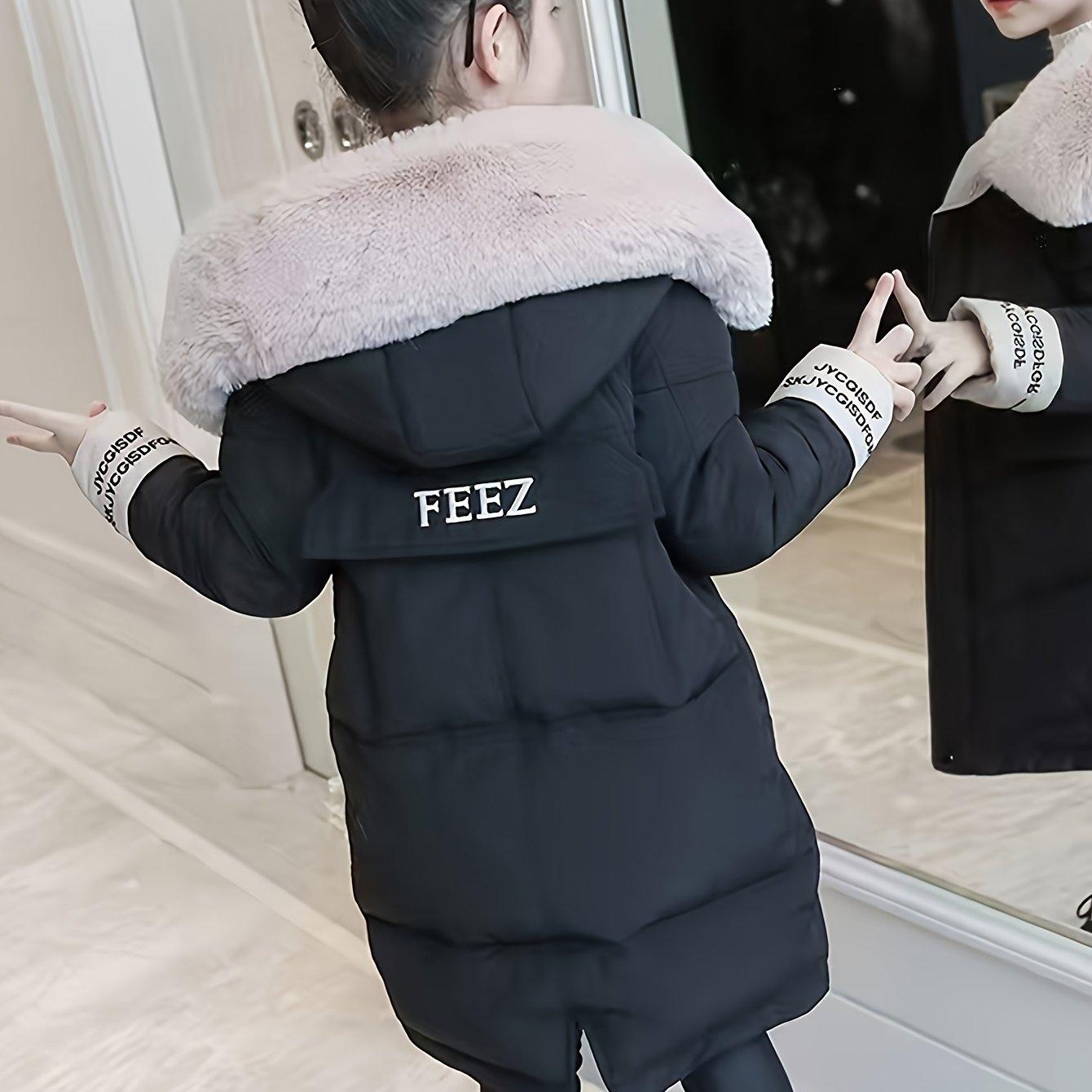 TEMU Girls' Casual Faux Fur Collar Coat, Stylish Winter Thickened Warm Clothing, 1pc