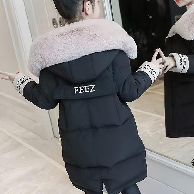 TEMU 1pc Winter Girls Puffer Coat With Fur Hood, Embroidered Alphabet Detail, Casual Skinny Fit, Woven Polyester, Non-stretch Fabric, Thick Warm Jacket For Cold Weather