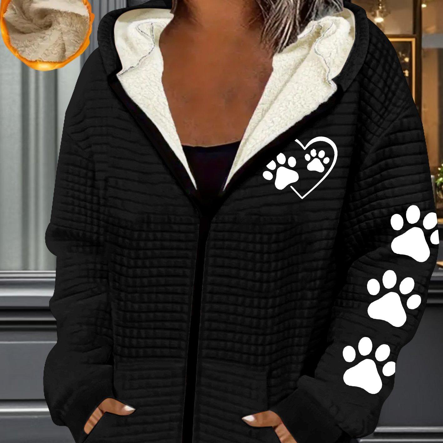 TEMU Damen Casual Waffle-Futter Reißverschluss-Dicke Jacke mit Herz-Musterdruck, Herbst/Winter - , Maschinenwaschbar, Geometrisches Muster
