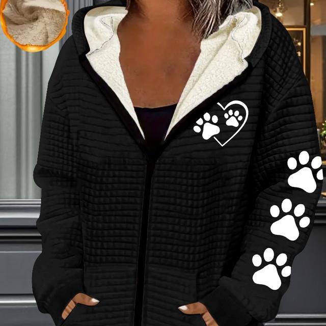 TEMU Damen Casual Waffle-Futter Reißverschluss-Dicke Jacke mit Herz-Musterdruck, Herbst/Winter - , Maschinenwaschbar, Geometrisches Muster