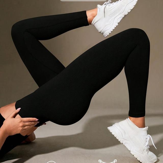 TEMU Women's High-waisted Ribbed Yoga Leggings, Solid Color Wide Waistband Tummy Control Workout Tights, Comfortable Gym Fitted Sportswear