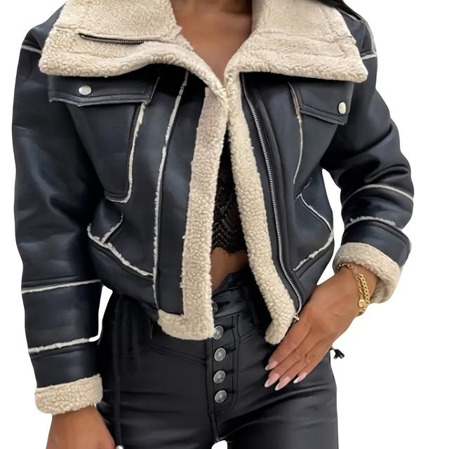 TEMU 1pc Women's Shearling Casual Jacket, Polyester 100% Biker Style With Lapel Collar, Drawstring Hem, Long Sleeve, Zip-up For Fall/winter - Solid Color