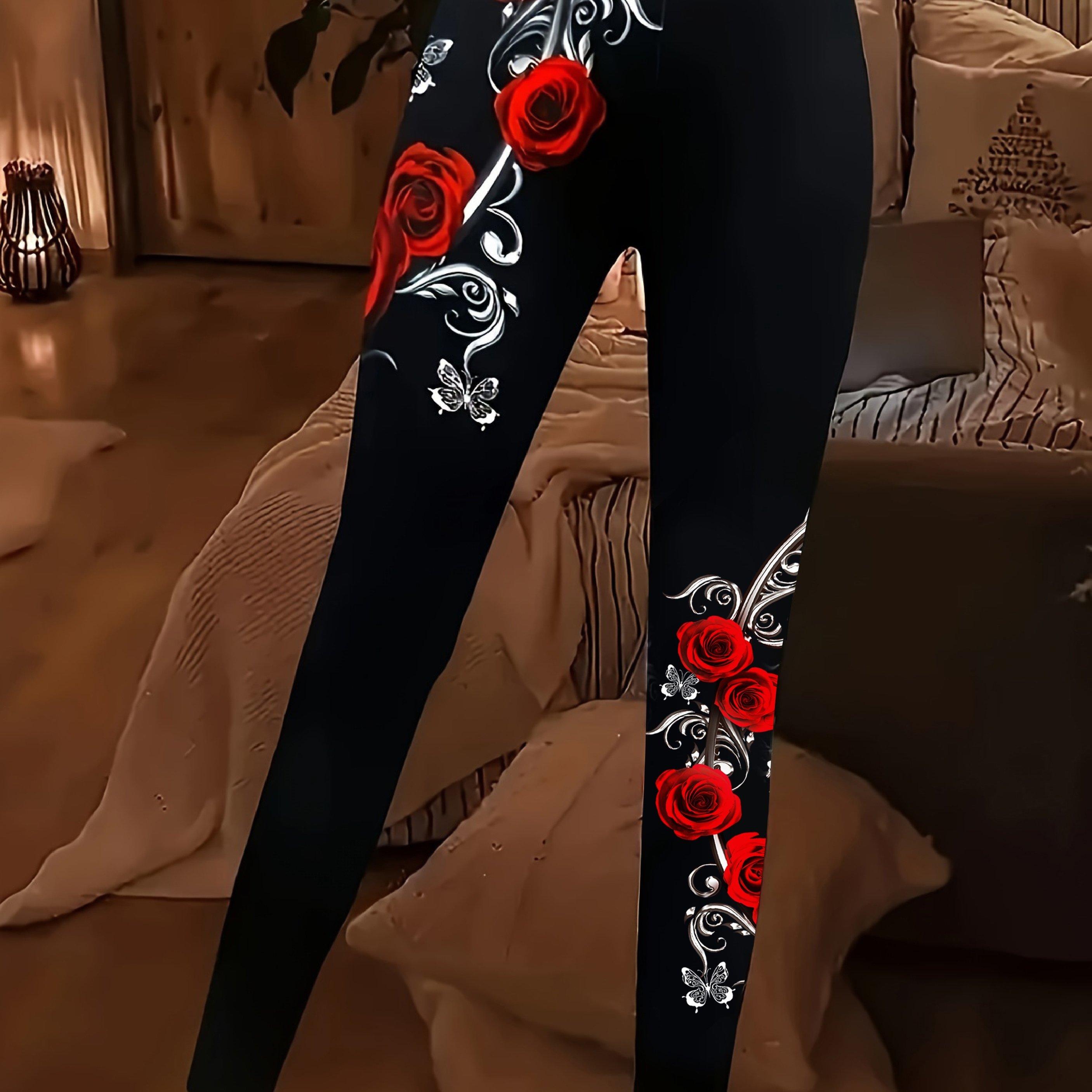 TEMU Leggings de talla grande con estampado floral, leggings elásticos casuales de cintura para y , ropa de talla grande para mujer