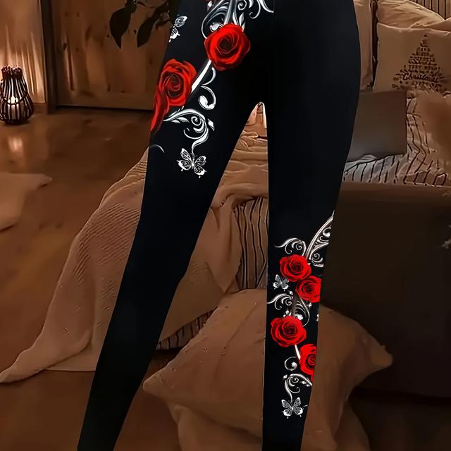 TEMU Leggings de talla grande con estampado floral, leggings elásticos casuales de cintura para y , ropa de talla grande para mujer