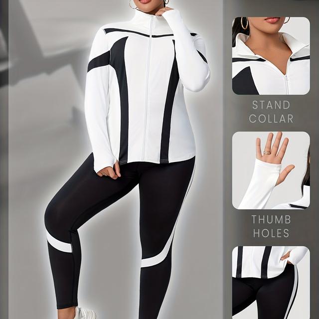 TEMU Plus Size Damen Mode Sport & Freizeit Yoga Workout Color Block Patchwork Jacke mit Leggings Set