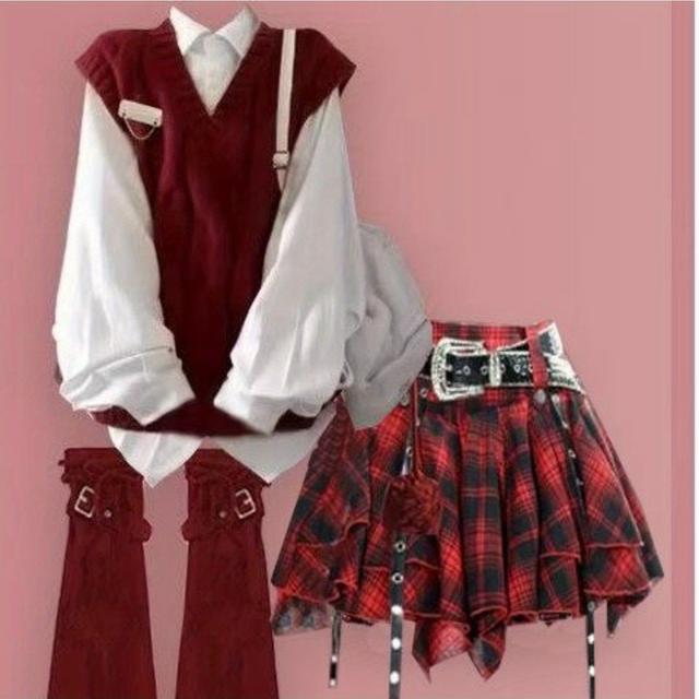 TEMU 冬用スーツコーデ レディース 韓国風 クリスマス・新年 レッドベスト＋シャツ 不規則スカート