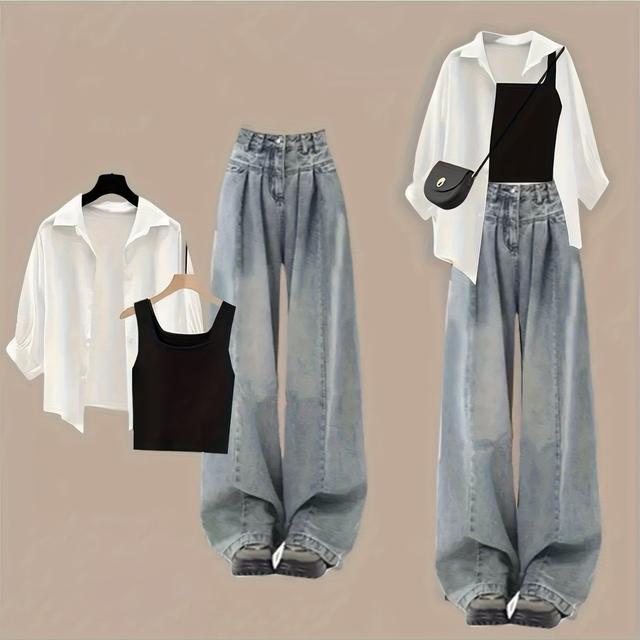 TEMU 【夏新作】普段使いセットアップ、小柄向けカジュアル、シャツ+ベスト+ジーンズ