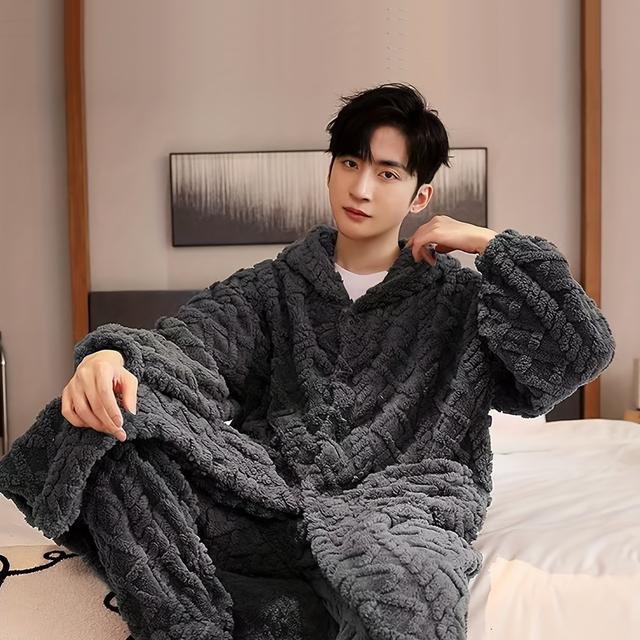TEMU Men's Winter Jacquard Diamond Pattern Sleep Robe Set