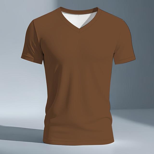 TEMU Men's Plus Size 3d V-neck T-shirt - Breathable Knit Fabric, Stretchy Short Sleeves, Casual Sporty Style Summer Tee, Machine Washable, Non-transparent, Regular Fit, Plus Size