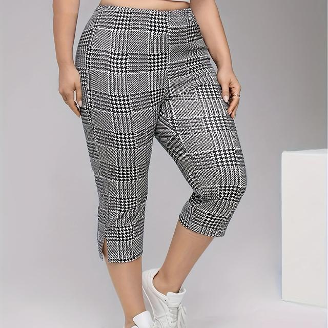 TEMU Dames Plus Size Mode Capri Broeken - Klassiek Geruit, Rekbare & Comfortabele, Casual Kniehoog