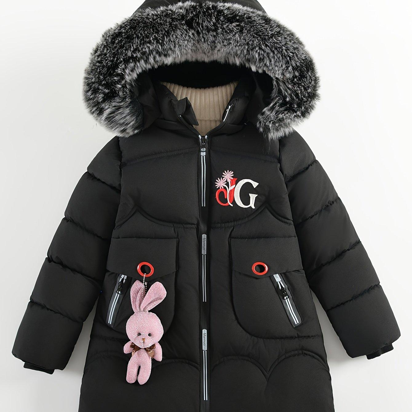 TEMU Winter ' Padded Coat, Korean Style Mid-length Children's Coat For Medium To Large Kids, Thickened Padded Coat With Cute Rabbit Design, Waist-defining Faux Fur Collar
