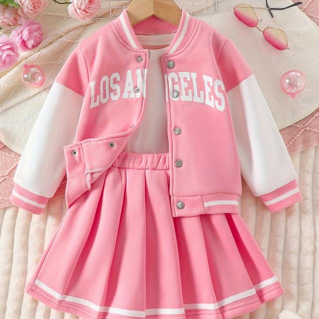 TEMU Girls' Letter Print Long Sleeve Casual Baseball Jacket And Pleated Skirt Set, Spring/, Outdoor