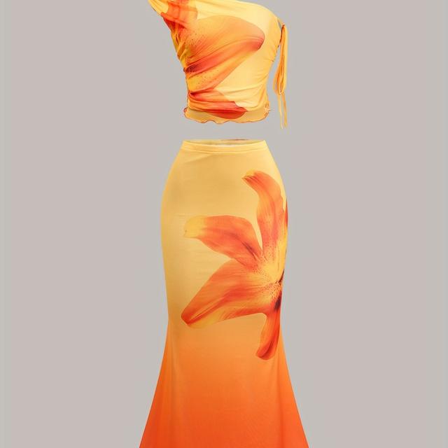 TEMU Women's 2pcs Floral Tie-dye Mesh Crop Top & Mermaid Maxi Dress Set - Asymmetrical Neckline, Detail, Vacation And Casual Attire, Casual Attire|floral Print Dress|asymmetrical Neckline To