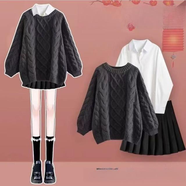 TEMU 2024年新作 ドーパミンウェア ルーズセーターシャツ レイジースタイル 薄手プリーツスカートセット