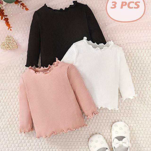 TEMU Baby Girl Autumn/winter Ribbed Solid Color T-shirt Versatile Long Sleeve T-shirt 3pcs Cute Girl Top Daily Wearing Baby Girl T-shirt Baby Girl Clothing Back To Baby Girl Back To School Wearing