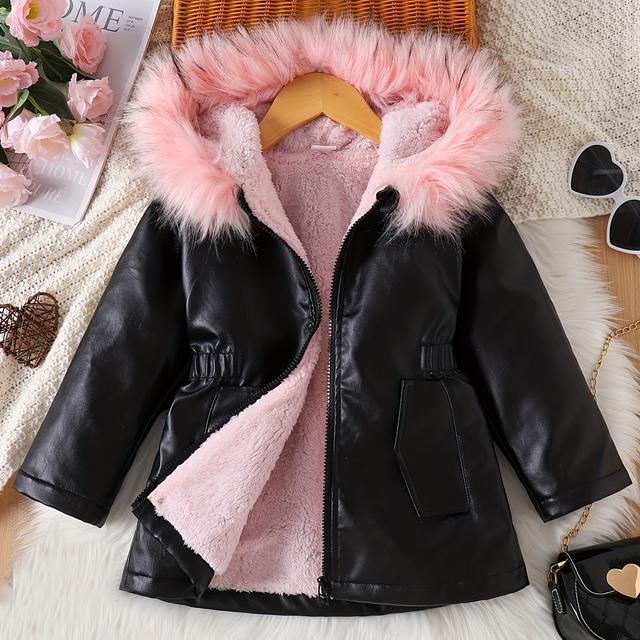 TEMU Girls' Vintage-inspired Jacket With Hood - Mid-length Thickened Zipper Front, Pockets & Polyester Lining, Solid Color Long Sleeve Coat For Fall/winter, Cozy Outerwear, Durable Outerwear