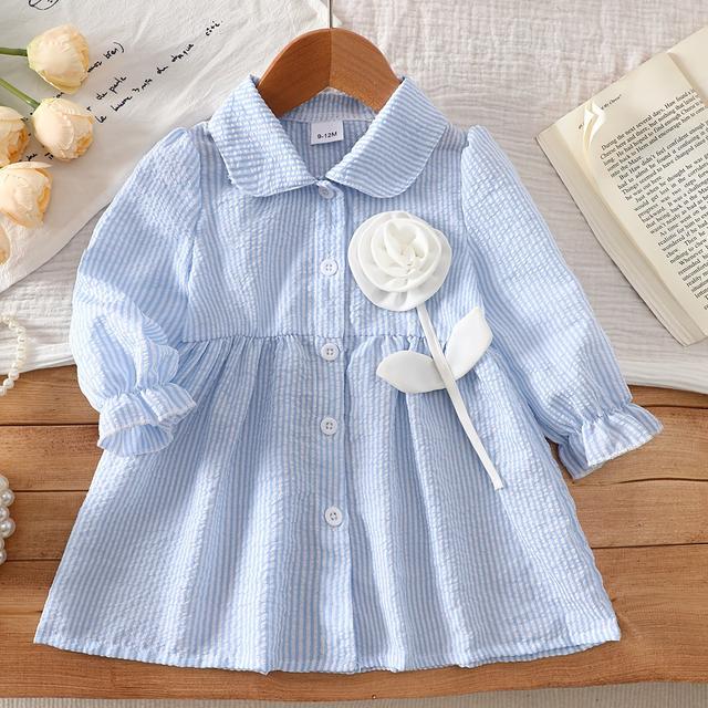 TEMU Girl's Shirt Dress, Light Blue And White Striped Dress With Three-dimensional Floral Embellishments - Casual Spring/autumn Wear, Machine Washable, Suitable For Outdoors