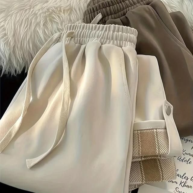 TEMU レディース 韓国風チェック柄ジョガーパンツ - 厚手ストレートカジュアルパンツ 伸縮ドローウエスト＆カフ付きアンクル 洗濯機対応 ゆったりフィット 春夏秋対応 大人用 (スポーツウェア)