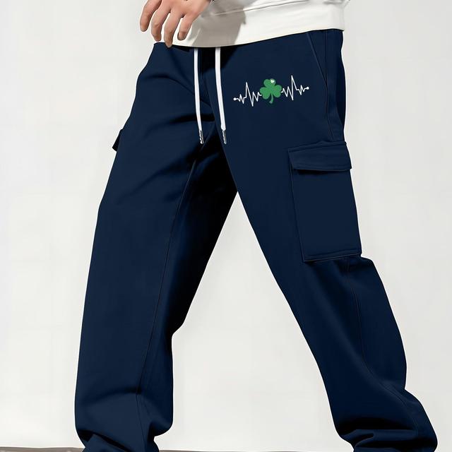 TEMU بنطلون كارجو بمقاسات كبيرة للرجال - طباعة "الجد"، مقاس فضفاض، ساق مستقيمة مع رباط وجيوب متعددة، سروال رياضي بوليستر عملي للأنشطة الخارجية، مثالي للربيع/، بنطلون بمقاسات كبيرة، مقاس PLUS