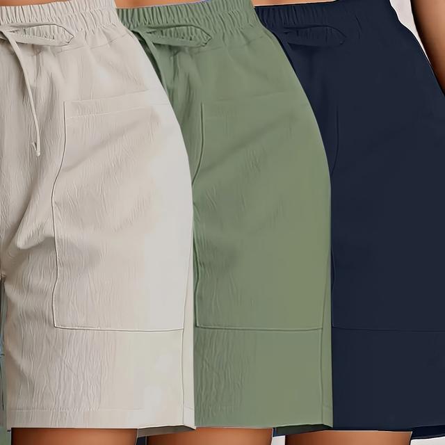 TEMU Three-piece Set Of Solid Color Casual Sports Shorts For Women With Elastic Waist And Pockets.