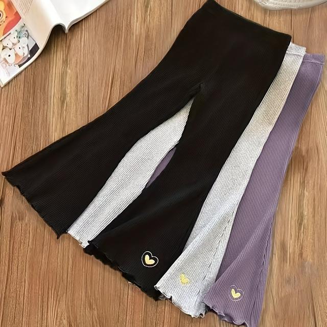 TEMU Girls 3pcs/set Casual & Thickened & Comfy Rib-knit Heart Stitched Lettuce Trim Leggings For Spring & Fall & Winter