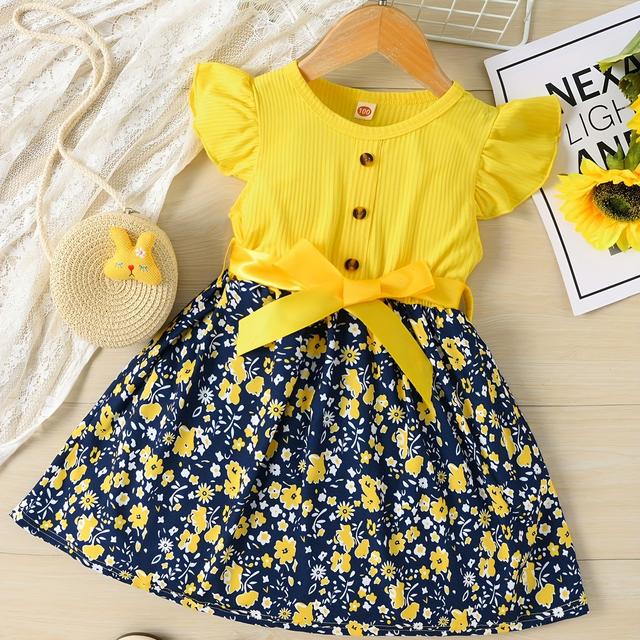 TEMU Summer Fashion Princess Style Floral Print Pit Strip Waist Dress For Girls
