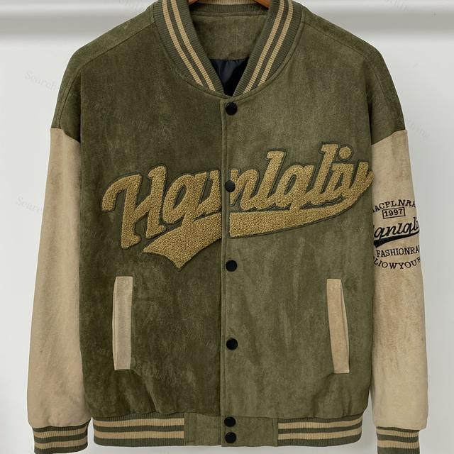 TEMU Veste Baseball Vintage pour Homme - Rose & Lettres, Coupe avec Fermeture à Pression, Vêtement Extérieur Lavable en Machine pour Tenues Décontractées et Événements Thématiques