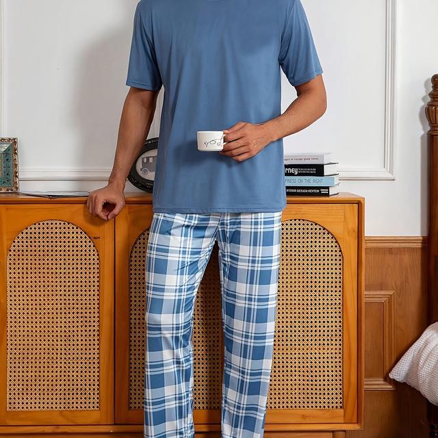 TEMU Men's Casual Plaid Print Sleep Pants - Light Checkered Pattern, Comfortable Regular Fit, Home Pants For Relaxation, Men Pj Set, Men Pj Set, Men, Men Summer For Men, Night Wear For Men