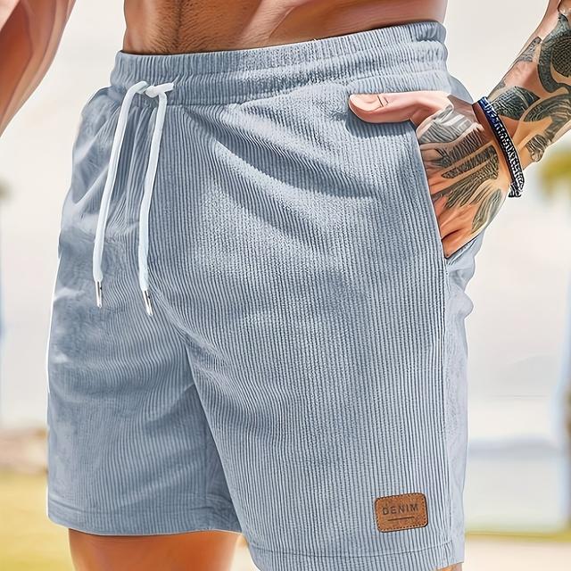 TEMU Men' Corduroy Stripe Shorts With Drawstring & Pockets - Lightweight, Comfortable Athletic Wear For Summer Fitness, Outdoor Activities & Beach Vacations