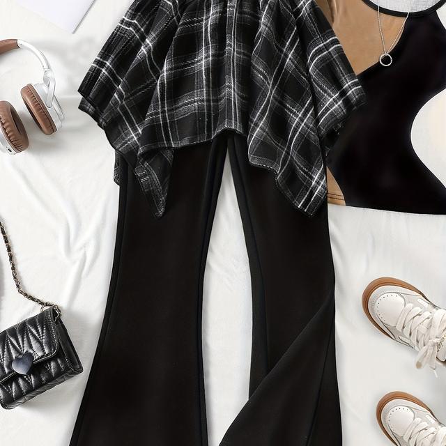 TEMU بنطلونات بناتي قطعتين للربيع والخريف، بنطلون طويل بتصميم تنورة، مناسبة للأطفال، تتضمن أنماط بتصميم بوق سفلي