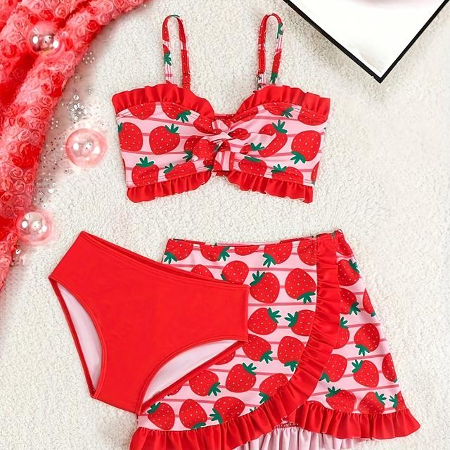 TEMU Meisjes Driedelige Bikini Set met Aardbei Digitale Print Gemaakt van Polyester Stof, Met Gerimpelde Badmode En Kant Details