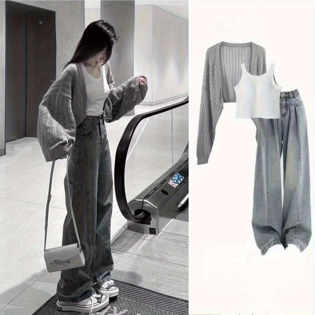 TEMU セット【1632人】2025年夏新作 韓国風スウィートウェア オープンワークカーディガン＋ベスト＋ジーンズ